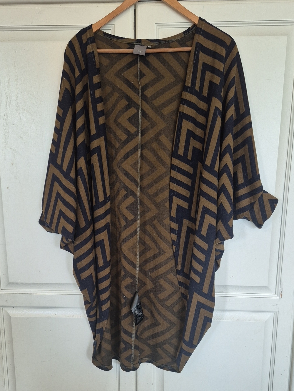 ICHI Open-Front Geometric Kimono - Olive & Navy